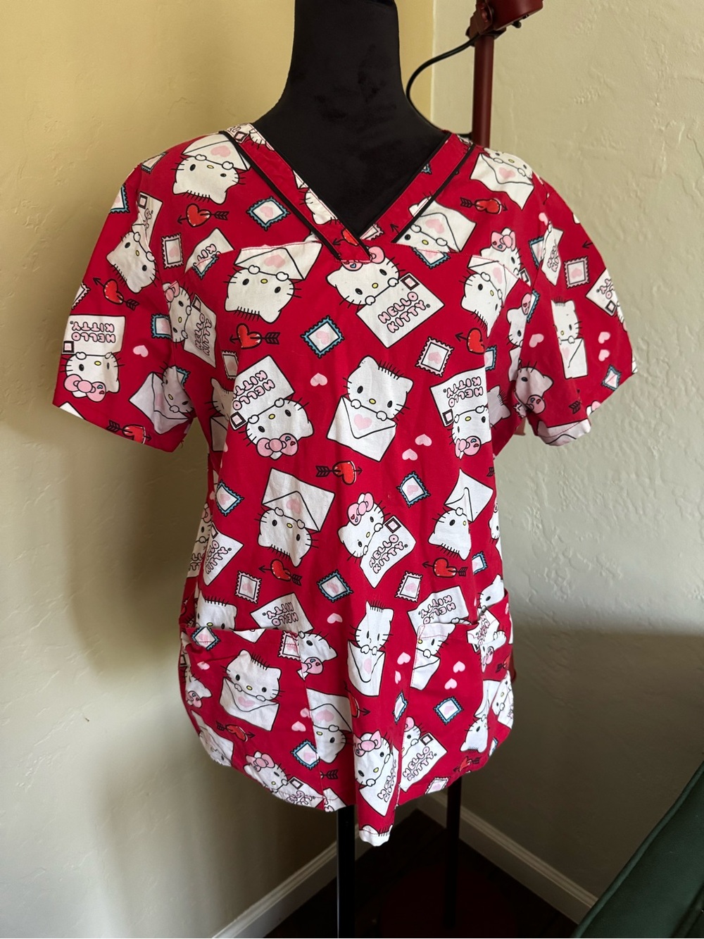 Sanrio Hello Kitty Red V-Neck Print Scrub Top